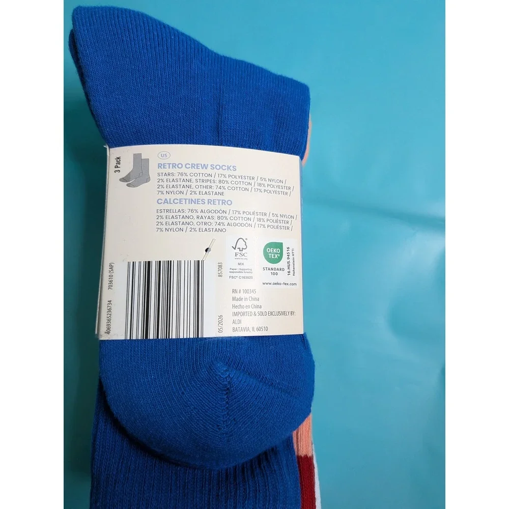 Crane Retro Crew Socks Womens 3 Pack Blue White Peach Stripes Stars Size 4-10